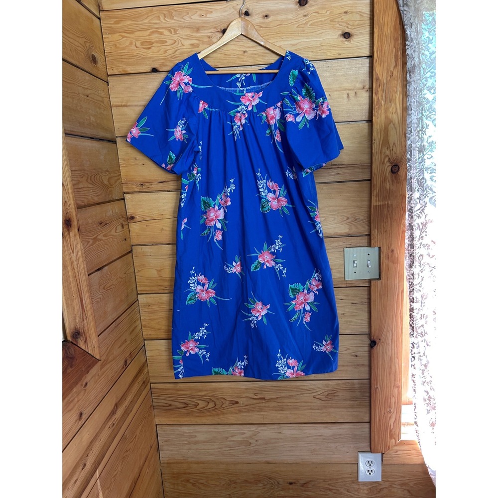 Vintage Cotton Muumuu Dress Womens Large Royal Blue Hawaiian Floral Handmade